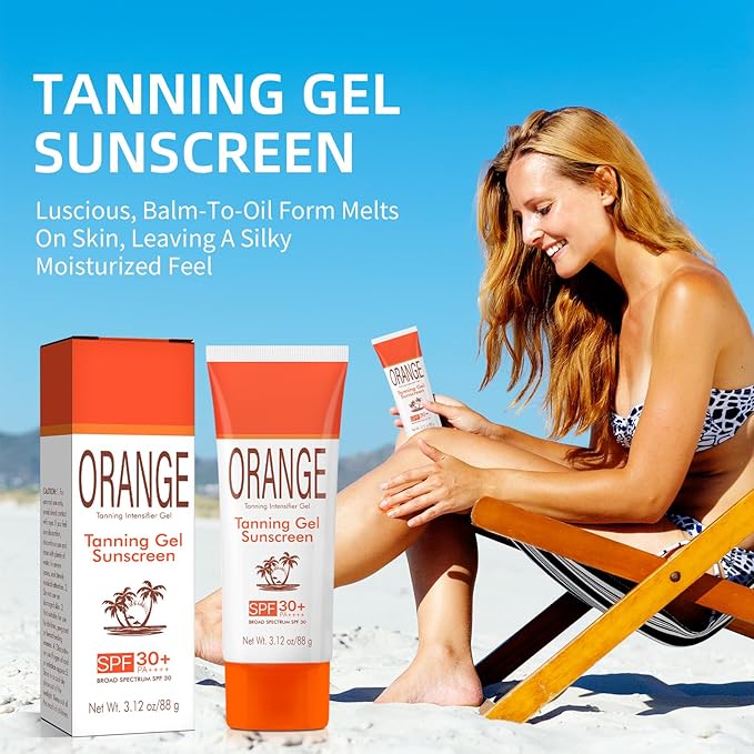 Orange Tanning Gel Sunscreen SPF 30+ – Hydrating Balm-to-Oil Bronzing Formula with Coconut Oil, Vitamin E & A – Non-Greasy Sunblock for Smooth, Glowing Skin – 3.12 oz (1)