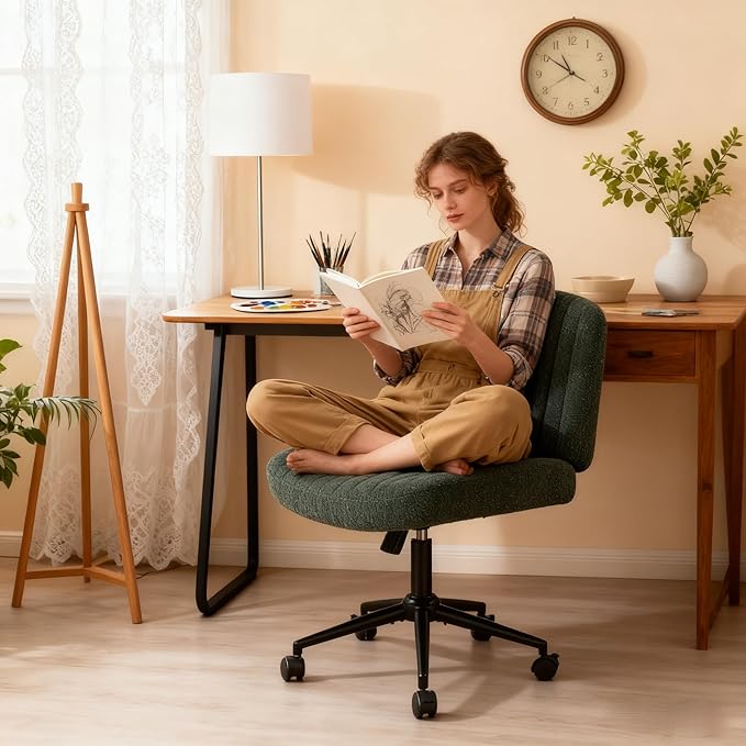 Dowinx Criss Cross Chair with Wheels, Premium Fabric & Pocket Spring Cushion, Adjustable Swivel Wide Seat, Modern Computer Vanity Chair for Home Office, Deep Green