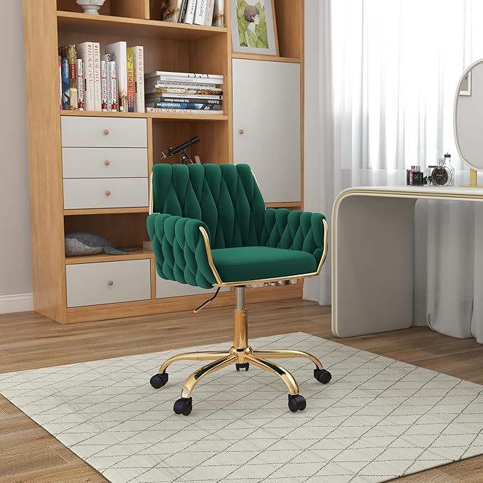 Velvet Home Office Chair, Modern Height Adjustable Cute Vanity Chair, 360° Swivel Makeup Chair Desk Chair with Golden Base and Hand Woven Backrest for Bedroom/Study/Vanity(Green)