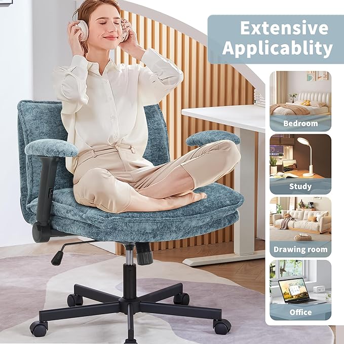 Cross Legged Office Chair, Height Adjustable Swivel Desk Chair with Flip-Up Arms, Padded Criss Cross Chair for Home Office & Bedroom