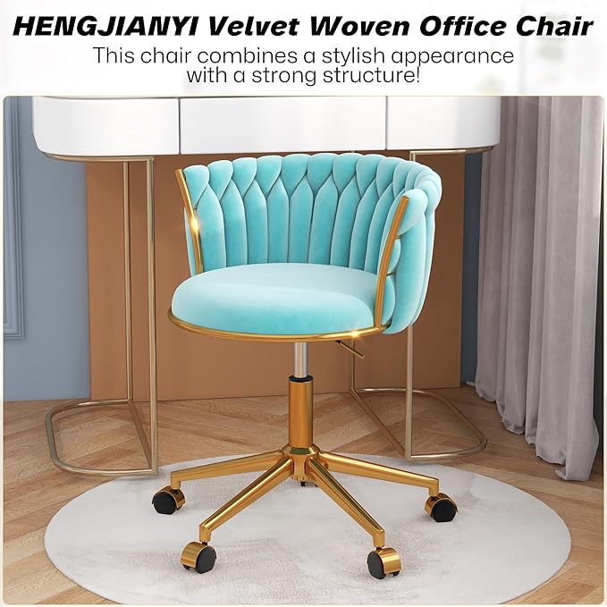 Velvet Woven Home Office Chair, Modern Swivel Desk Chair with Wheels, Height Adjustable Vanity Chair with Gold Metal Base and Hand Weaving Back for Bedroom Study Small Space, Cyan