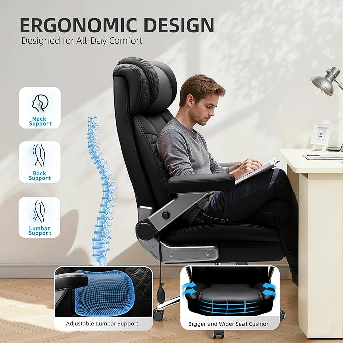 Big and Tall Office Chair, Desk Computer Chair for Heavy People, Oversized Executive Gaming Chair, Extra Wide 500LBS Ergonomic Comfy Office Chair with Adjustable Lumbar Support & 5D Flip Arms