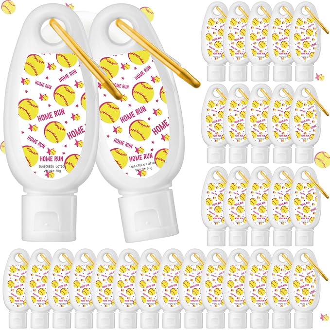 Leelosp 24 Pcs Softball Bulk Mini Sunscreen with Carabiner Bulk Travel Size 1oz Spf 30+ Sport Party Favor Water-resistant Sunscreen Keychain Bottle Softball Team Gift for Girls Friends Party Supplies