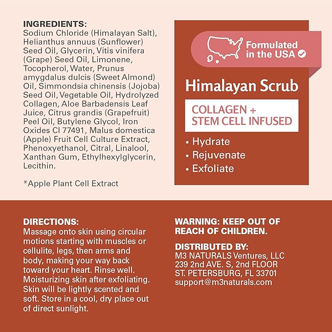 Himalayan Salt Scrub, Face, Foot, and Body Exfoliator with Collagen and Stem Cells, Exfoliating Scrub for Toning, Cellulite, and Skin Care by M3 16 fl oz