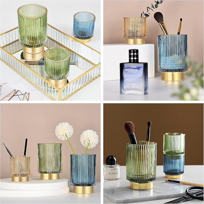 DASITON Makeup Brush holder Organizer,Crystal Cosmetic Makeup Brush Glass Brushes Storage Holder, Vintage Make Up Brush Cup Pen Pencil Holder striped vase(Blue L)