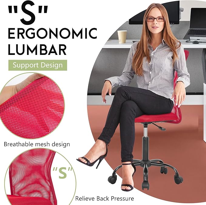 BestOffice Ergonomic Office Chair Desk Chair Mesh Computer Chair Armless Back Support Modern Executive Rolling Swivel Chair with Lumbar Support(Red)