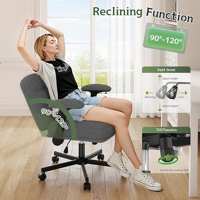 Criss Cross Chair with Wheels and Flip-up Arms, Adjustable Height, Teddy Plush Fabric,Grey, for Bedroom, Home Office, Apartment