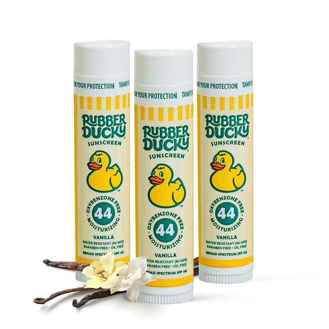 Rubber Ducky Lip Sunscreen SPF 44, Kids Vegan Lip Balm with Vitamin E, UV Protection, Water Resistant, Untinted, Vanilla Flavor, Broad Spectrum