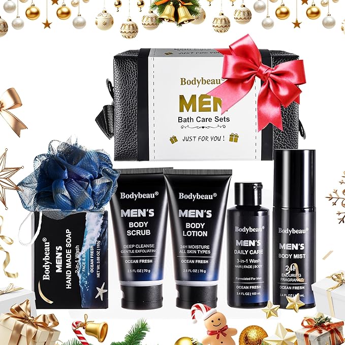 Men's Bath and Body Spa Gift Set - 7-Piece Kit with 3-in-1 Shower Gel, 2-in-1 Handmade Soap and Travel Bag - Father's Day/Birthday Christmas Gifts for Dad, Husband, Boyfriend and Friends