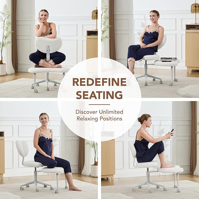 Ergonomic Cross Legged Chair with Wheels,360° Swivel Meditation Chair,ADHD Chair, Criss Cross Desk Chair with Lumbar Support and Adjustable Stool, Flexible Design for Fidgety Sitters, Ivory