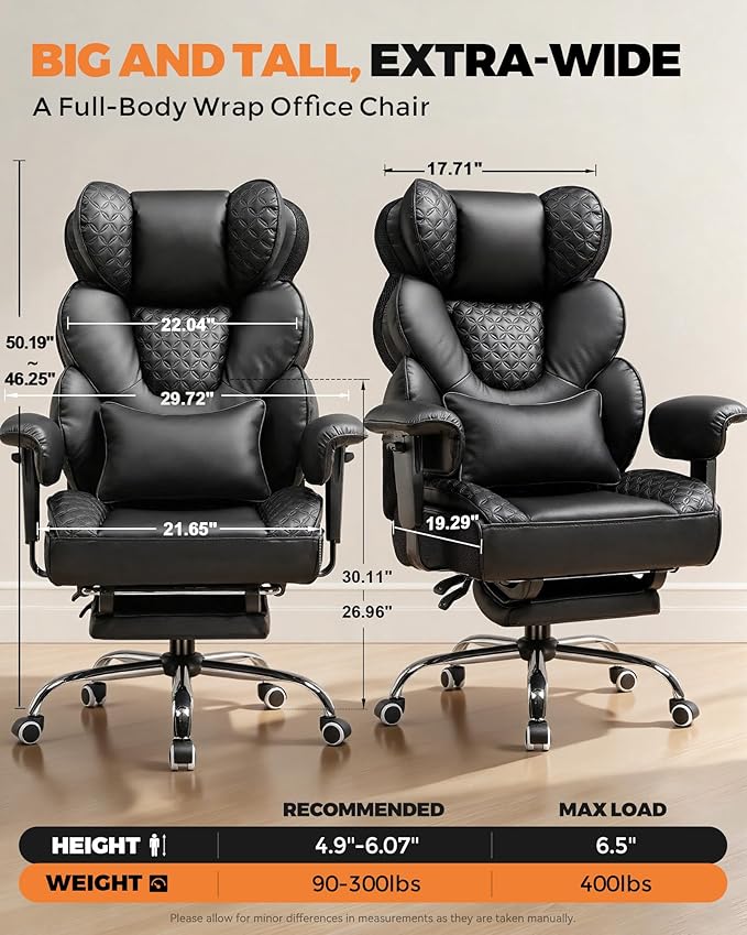 COMHOMA Big and Tall Office Chair with Upgrade Footrest, Heavy Duty Gaming Chair High Back Executive Chair with Spring Lumbar Support for Lower Back Pain Relief, 150°Reclining Adjustable Armrests