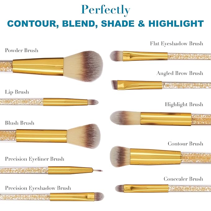 10pc Pro Makeup Brush Set w/Sparkling Gemstones in Gold - 10 Quality Soft Bristle Makeup Brushes For Everyday Use - Professional Makeup Brushes & Tools