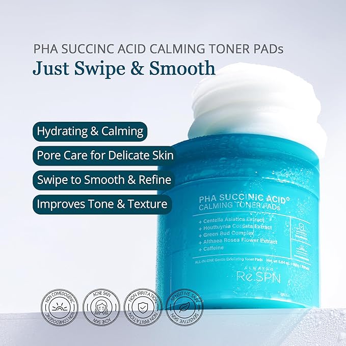 Re.SPN PHA Succinic Acid Calming Toner Pads + Re.SPN Peptide Duo - Daily Exfoliating, Hydrating and Soothing, Wrinkles & Dark Circles with Gua Sha Applicator, Vegan, Eye Peptide, Niacinamide, K-Beauty