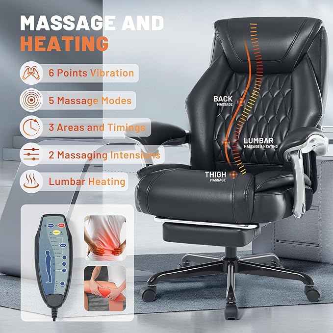 Massage Office Chair with Heating Function & Footrest, 6-Point Vibration, Ergonomic Executive Reclining Desk Chair with Padded Seat for Relaxation, Comfort & Stress Relief