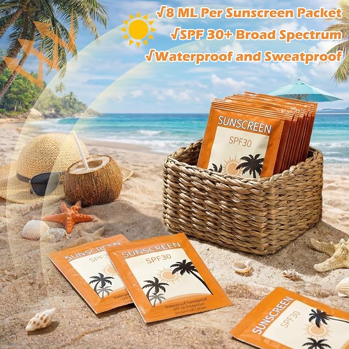 Leelosp Pack of 100 Mini Sunscreen Packets Bulk SPF 30+ Travel Size Sunscreen Lotion Moisturizing for Summer Party Favors Thank You Gifts