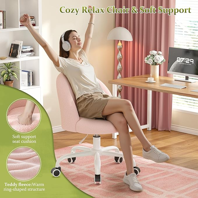 Vanity Chair with Wheels, Cute Desk Chair with Back, Armless Office Chair Height Adjustable, Soft Lumbar Support for Small Space, Bedroom, Gentle Pink