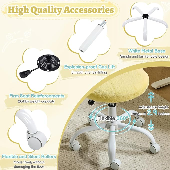 VINGLI Small Vanity Chair with Faux Fur Wheels for Girls,Cute Adjustable Height Armless Office Desk Chair,360°Swivel Comfy Rolling for Study,Make up Room,Small Space,Yellow