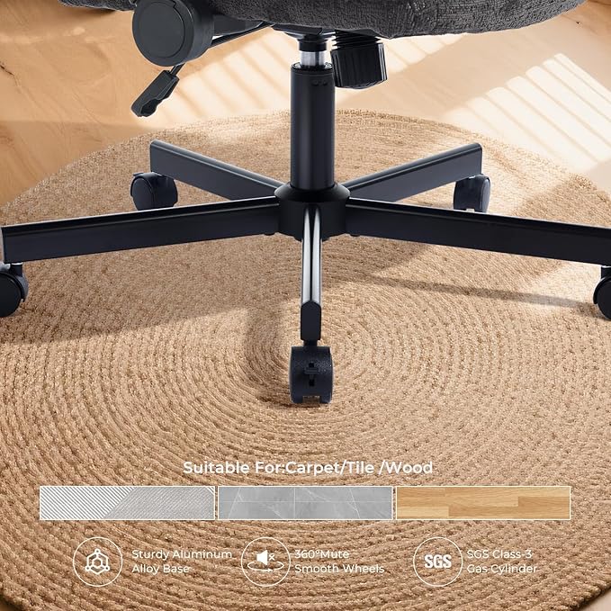 Criss Cross Chair with Flip-Up Arms and Lockable Wheels, Plush Fabric Cross Legged Office Desk Chair,Wider 125°Tilting Adjustable Swivel Computer Chair for Home, Apartment, Bedroom,Black