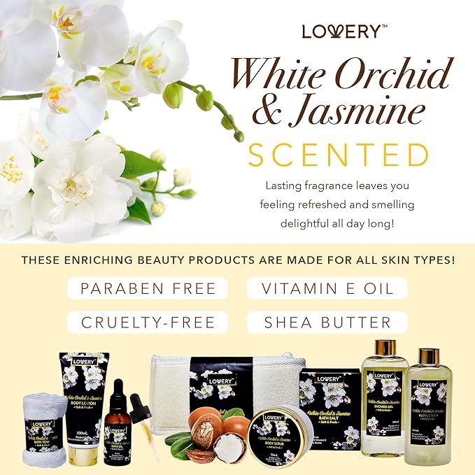Gift Baskets for women Mom Gifts, Bath and Body Spa Set– Orchid & Jasmine Home Spa Set With Body Scrubs, Lotions, Oils, Gels and More - Care Package for Women & Men - 9 Piece Set