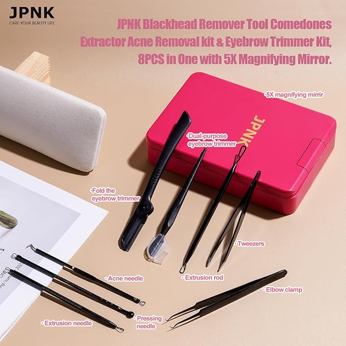JPNK Blackhead Remover Tool Comedones Extractor Acne Removal kit & Eyebrow Trimmer Kit, 8PCS in One with 5X Magnifying Mirror (Black)