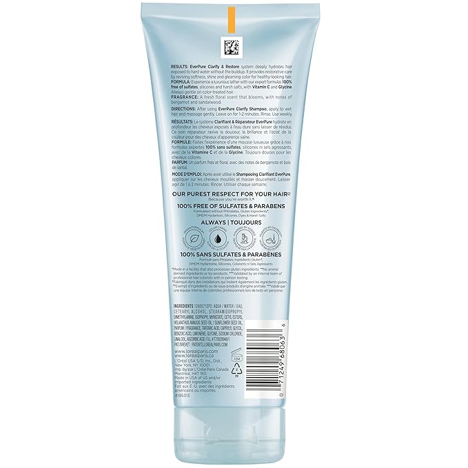 L'Oreal Paris Restore Sulfate Free Conditioner with Antioxidants, Moisturizing Conditioner for Hard Water Exposure and Styling Build-up, EverPure, 6.8 Fl Oz