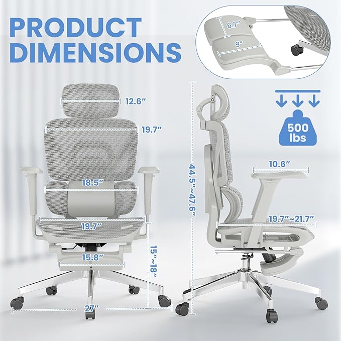 MOJAY Ergonomic Office Chair with Footrest, Big and Tall Desk Chair with Lumbar Support, High Back Home Desk Chair for Long Desk Work, Swivel Rolling Computer Seating with 4D Armrest for Home Office