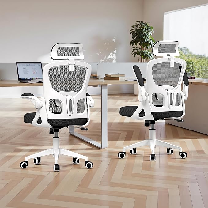 Ergonomic Office Chair, Mesh Desk Chair with Adjustable Headrest & Lumbar Support, Rolling Computer Chair with Flip-up Armrests, Comfy Swivel Home Office Chair for Long Hours - White