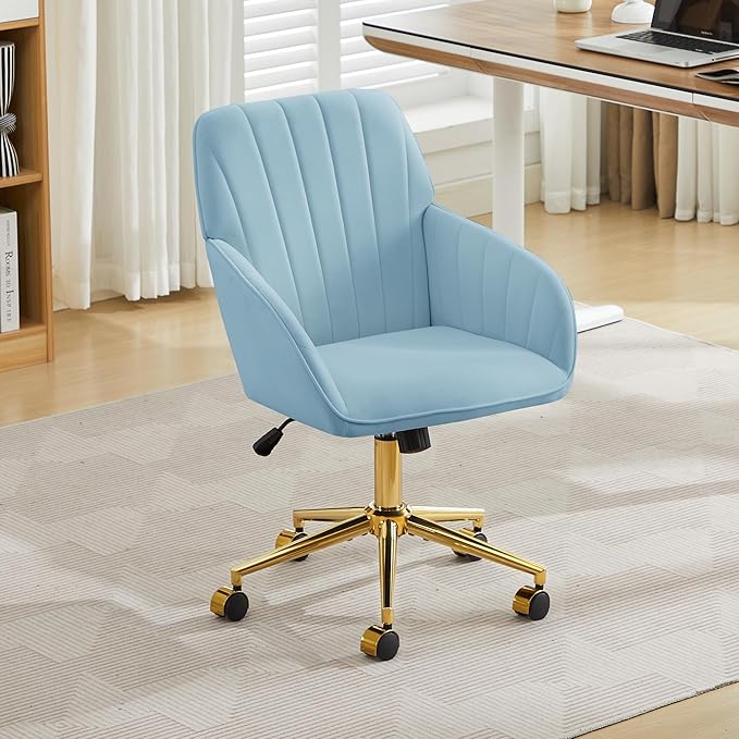 YITAI Velvet Office Desk Armchairs with Gold Base and Wheels,Modern Height Adjustable 360 Degree Swivel Upholstered Vanity Chairs for Living/Room Bedroom/Study,Light Blue