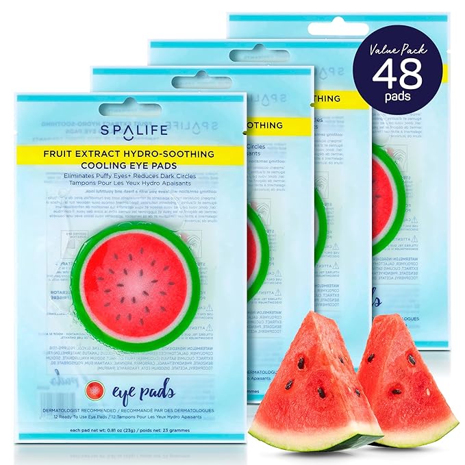 SpaLife Watermelon Cooling Eye Pads, 48 Hydrating Under Eye Patches for Puffiness, Dark Circles, and Tired Eyes, Infused with Hyaluronic Acid, Glycerin, and Vitamin C, Fruity Scent