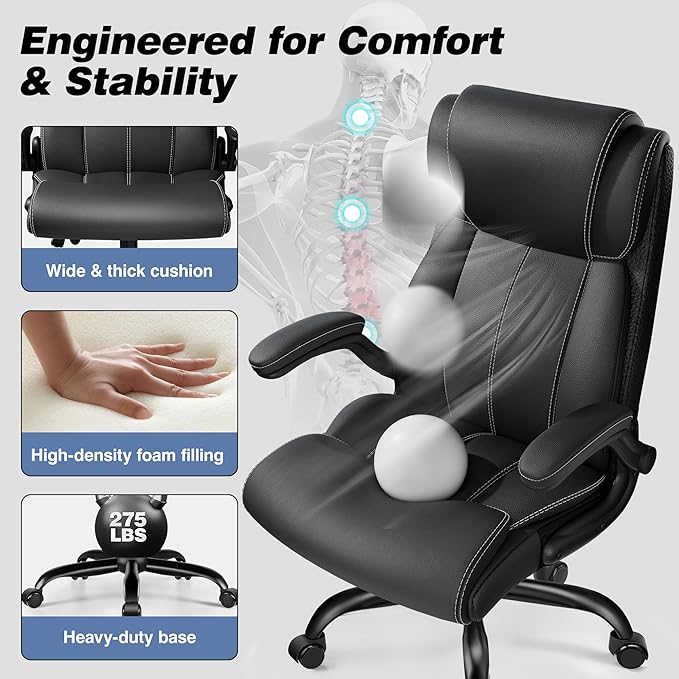 Ergonomic Office Chair, High Back Executive Leather Computer Desk Chair with Adjustable Lumbar Support & Flip-Up Arms, Heavy Duty Swivel Task Chair for Home Office, Black 2 Pack