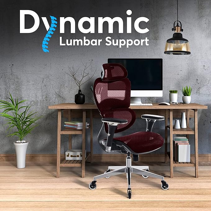 Oline ErgoPro Ergonomic Office Chair with 4D Adjustable Armrest, 3D Lumbar Support and Blade Wheels - Mesh Computer Gaming Rolling Desk Executive Swivel Home Chair (Burgundy Red)
