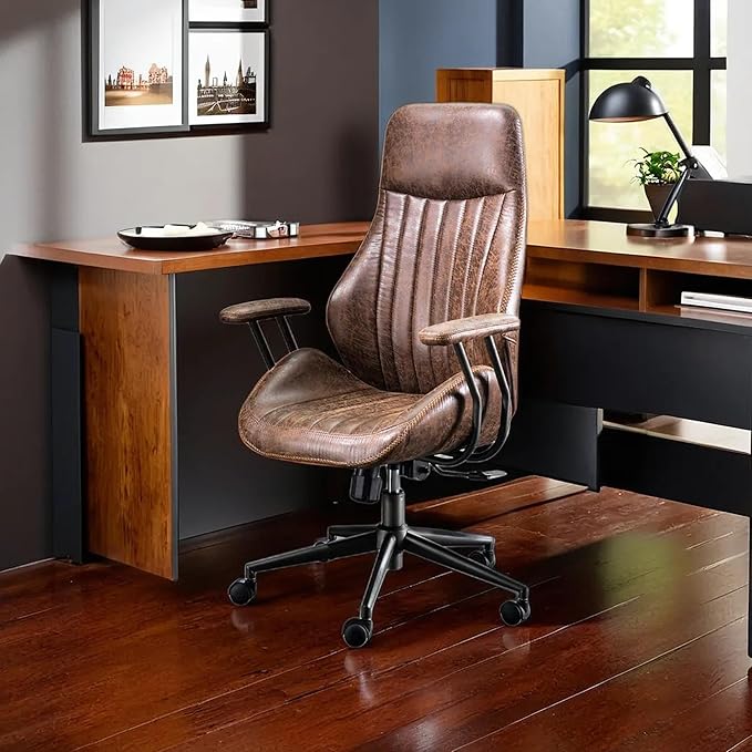 HOOOWOOO Faux Suede Leather Home Office Desk Chair,MCM Modern Ergonomic Task Work Chair,Computer Gaming Chair with Cushion Seat Lumbar Support Reclining High Back for Long Hours(Chocolate Brown)