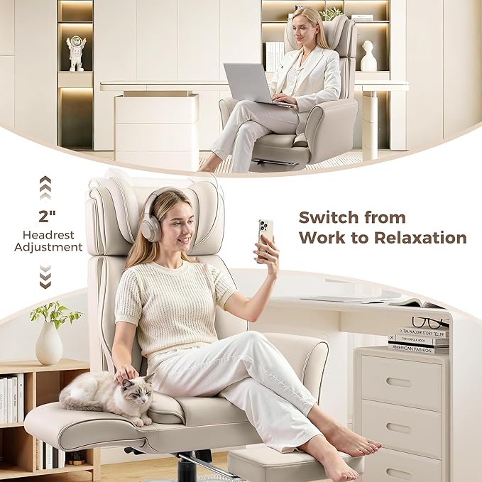 Big and Tall Office Chair, Flip Armrests for Pets & Cross Legged Sitting, Ergonomic Leather Executive Desk Chair with Foot Rest, High-Back Reclining Computer Chairs for Office Home Game - Beige