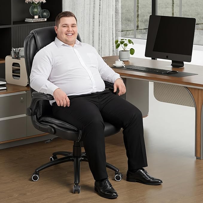 Ergonomic PU Leather Office Chair Set of 2 with Flip-Up Armrests & Reclining Backrest, 300lbs Thick Padded Seat Executive Desk Chair-Adjustable Height & Tilt Tension, Brown, Black