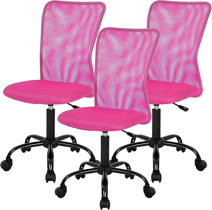 FDW Home Office Chair Mid Back Mesh Desk Chair Armless Computer Ergonomic Task Rolling Swivel Chair Back Support Adjustable Modern with Lumbar Support (Pack of 3, Pink)