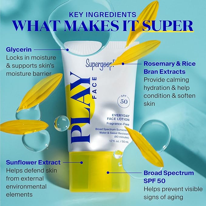 Supergoop! PLAY Everyday Face Lotion SPF 50 - Lightweight, Non-Greasy Formula - Natural Finish - Fragrance Free - Water & Sweat Resistant - All Skin Types - 1.7 fl oz