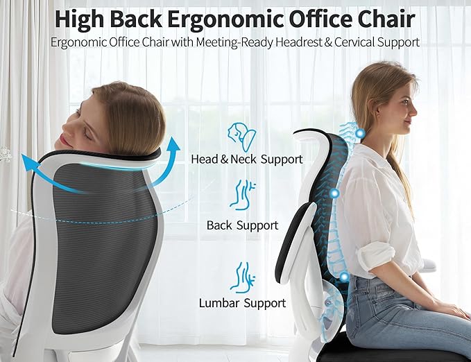 TRALT Ergonomic Office Chair - Desk Chair with Wave High Back Adjustable Lumbar Support Computer Chair - Gaming Chairs Mesh Backrest and PU Leather Seat for Home Reading Chairs to Adults (Black White)