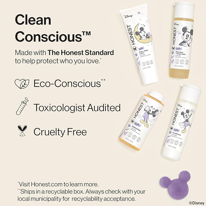 The Honest Company Calm Lavender Bathtime Gift Set, Disney Design, Hypoallergenic Bath for Sensitive Baby Skin, Shampoo Body Wash Face Lotion Bubble Conditioner Sponge