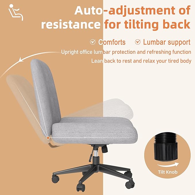 Shintenchi Criss Cross Chair,Cross Legged Office Seat with Wheels Armless Swivel Vanity Chair,Height Adjustable Wide Computer Task Seating for Home Office,Grey ﻿