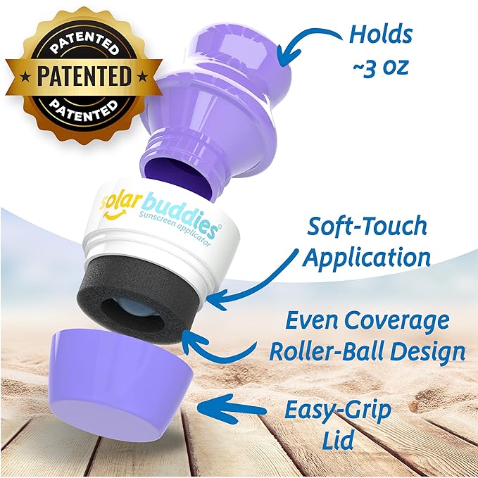 Solar Buddies Grab & Go Travel Bundle, Carabina Clip & Cleaning Brush - Single Full Purple - Refillable Roll on Sponge Sunscreen, Suncream & Lotion Applicator For Kids, Adults & Families - Holds 100ml