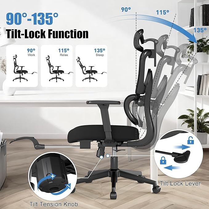 Ergonomic Office Chair with Footrest – Adjustable Lumbar Support, 3D Armrests & Headrest, Wide-Seat High-Back Mesh Computer Chair with Casters, Suitable for Home & Office, Black