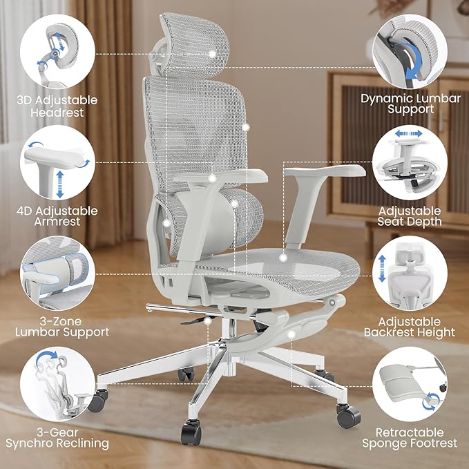 MOJAY Ergonomic Office Chair with Footrest, Big and Tall Desk Chair with Lumbar Support, High Back Home Desk Chair for Long Desk Work, Swivel Rolling Computer Seating with 4D Armrest for Home Office