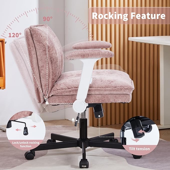 Cross Legged Office Chair, Height Adjustable Swivel Desk Chair with Flip-Up Arms, Padded Criss Cross Chair for Home Office & Bedroom