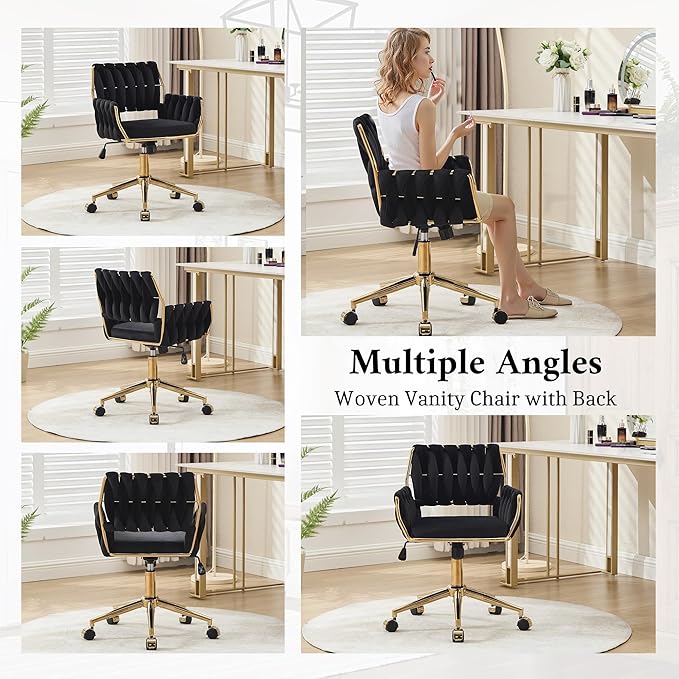 civama Velvet Office Desk Chair with Hand Woven Backrest, 360°Swivel & Height Adjustable Cute Girls Vanity Vlog Chairs, Nail Salon Bedroom Dressing Room Armchair with Gold Base and Wheels (Black)