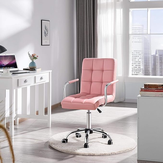 Yaheetech Modern PU Leather Desk Office Chairs with Wheels/Armrests Height Adjustable Home Computer Executive Chair on Wheels 360° Swivel, Pink