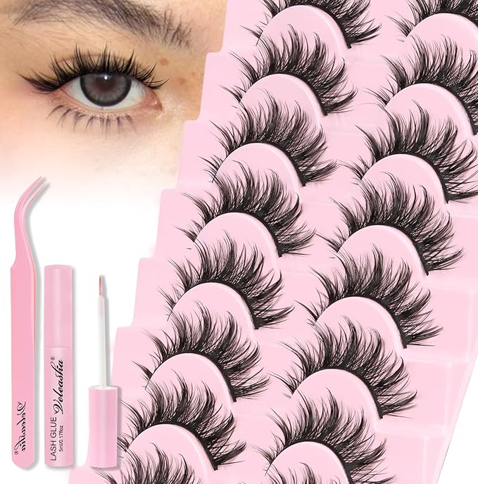 Veleasha Lashes Kit Natural Eyelashes Manga Spiky False Eyelashes Crisscross Wispy Fake Lashes Soft wirh Glue & Tweezers with Cotton Band 8 Pairs Pack (Natural Kit)