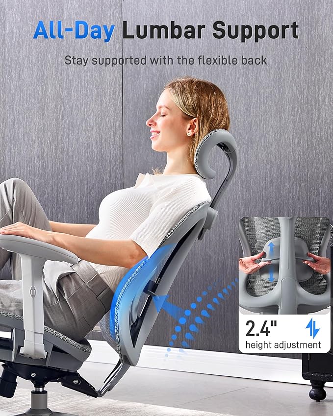 Ergonomic Office Desk Chair, Comfortable Computer Gaming Chair, Breathable Mesh Back & Seat, Adjustable Armrest & Headrest, Lumbar Support, Butterfly Design for Home Office, Gray