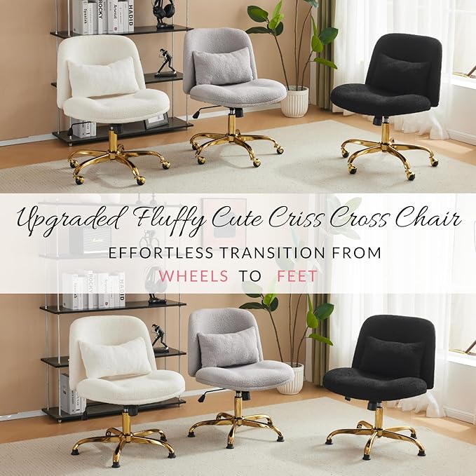 VINGLI Wide Criss Cross Legged Office Chair,Buttprint Ergonomic Desk Chair Comfy with Pillow&Gold Base,Dual-Use with/no Wheels,Adjustable Vanity Swivel Chair for Bedroom,Home Office,Teddy Fleece,Black