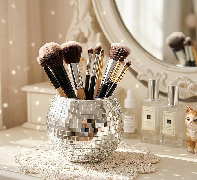 2 Pack Glass Disco Ball Makeup Brush with Smooth Grouting - Premium Mirror Mosaic Pencil Cup for Desk, Cute Pen Holder, Aesthetic Room Decor Gift (silver)