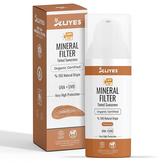 Aliye’s Tinted Organic Sunscreen SPF 50+ | Ecocert Cosmos Certified | 100% Mineral & Vegan Sun Protection | Safe for Sensitive Skin | 50ml (Medium)